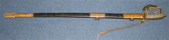 A Victorian Naval officers dress sword and scabbard, 37.5in.